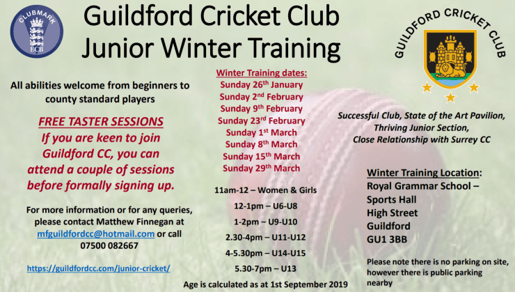 Guildford CC Junior Winter Nets programme 2020